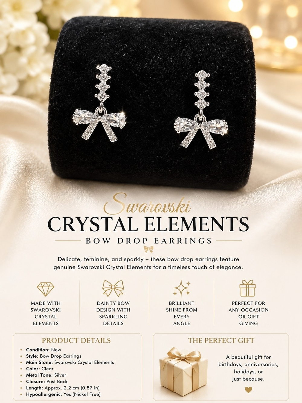 Swarovski Crystal Elements Silver Clear Bow Drop Earrings